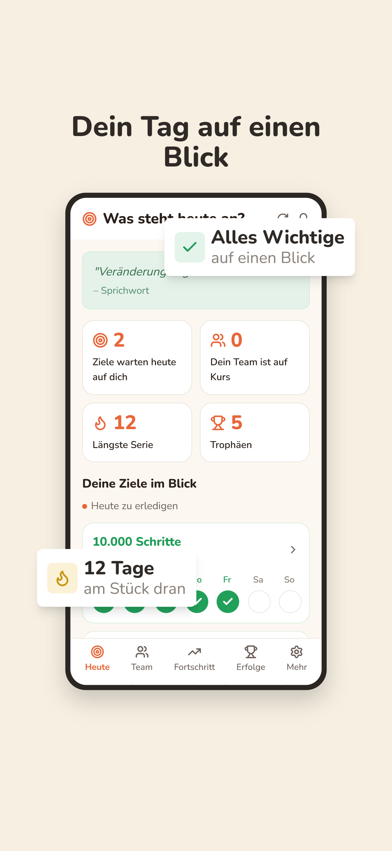 Heute-Ansicht: dein Tag auf einen Blick